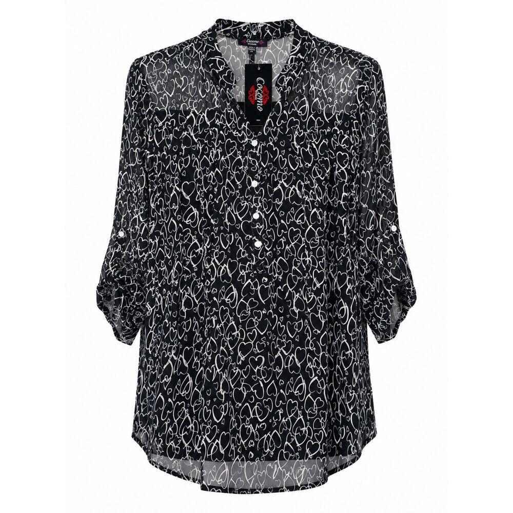 Cocomo Women's Plus Size 3X Black Multi Hearts Print Pintuck 3/4 Sleeve Top